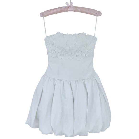 BHLDN x Anthropologie Strapless Floral Applique Bubble Hem White Mini Dress - Picture 2 of 16